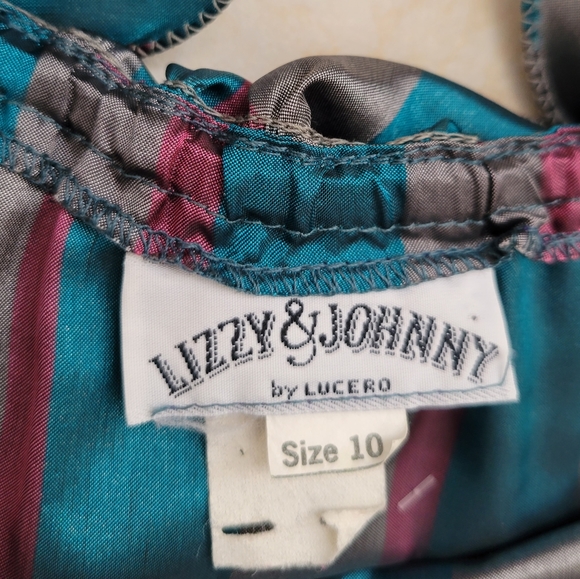 Vintage Lizzy&Johnny By Lucero Striped Ruffled Neck Puff sleeve midi dress Sz 10 - Picture 8 of 9